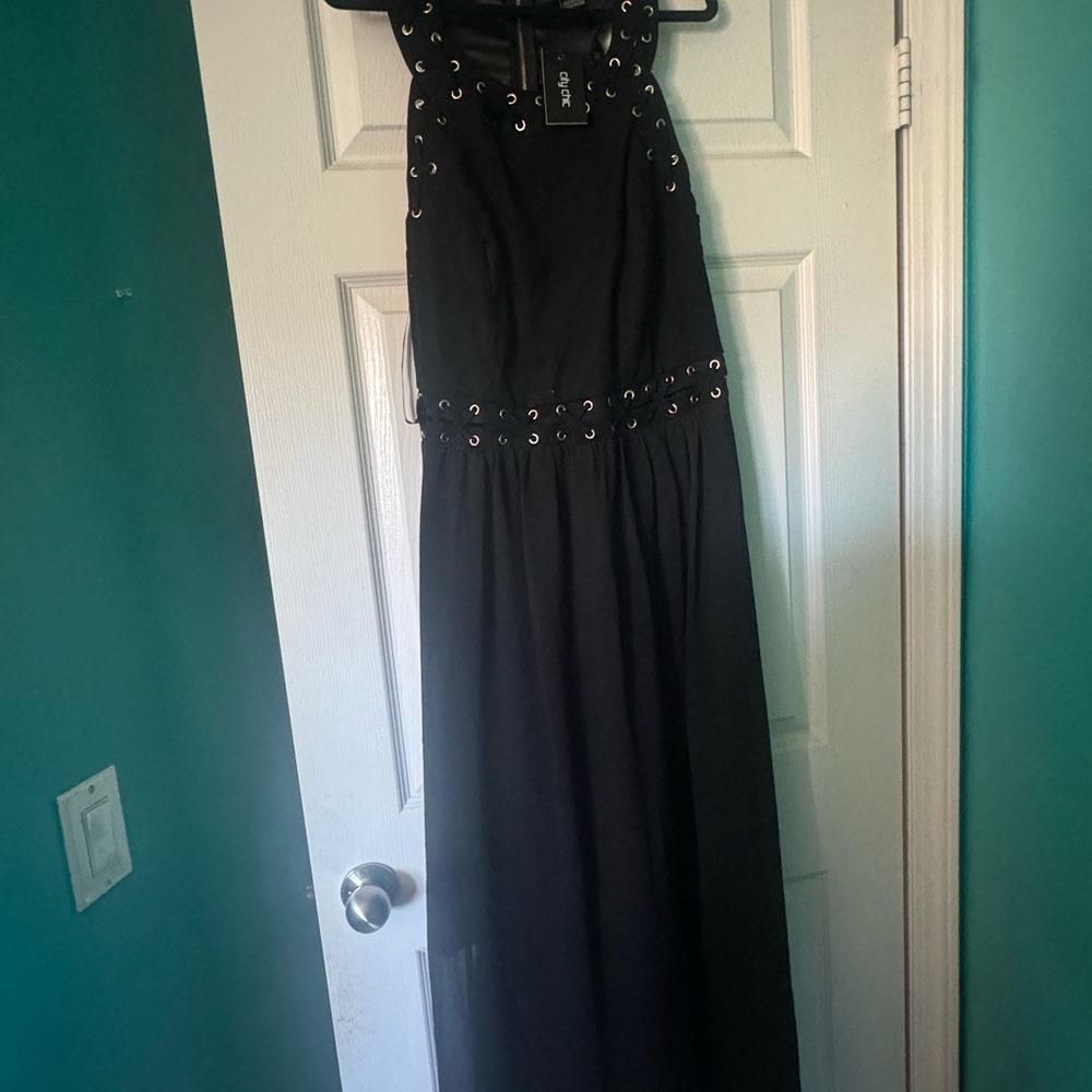 Plus size City Chic Black Maxi Dress with Eyelet Detail
